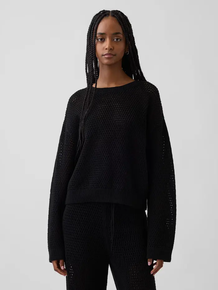 100% Cotton Crochet Relaxed Sweater - Basic black
