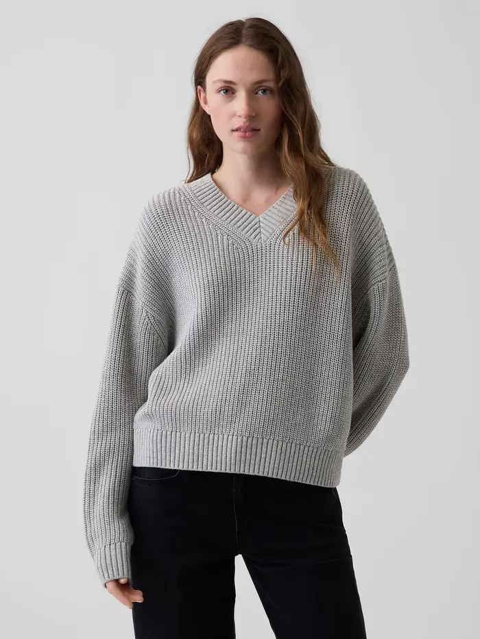 100% Cotton Oversized Shaker Sweater - Light heather grey