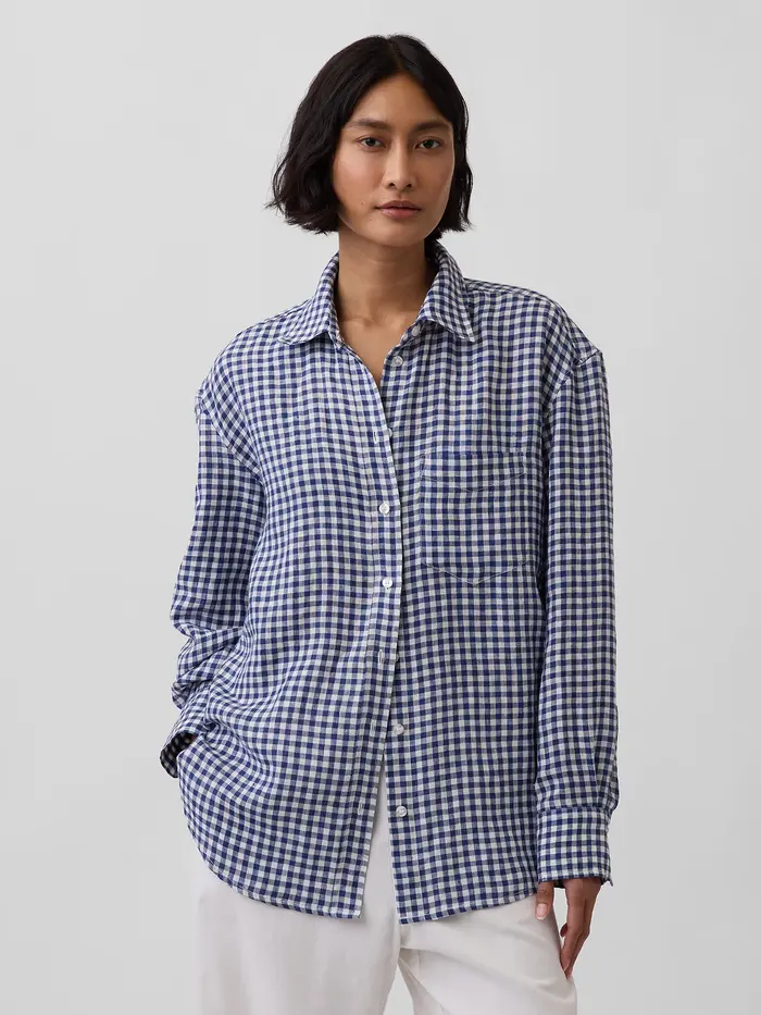 100% Linen Oversized Shirt - Navy blue gingham