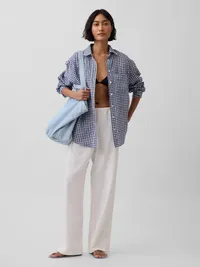100% Linen Oversized Shirt - Navy blue gingham — view 2