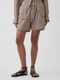 6" Linen-Blend Easy Shorts - Brown gingham — view 2