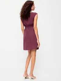 Asymmetrical Shoulder Linen-Blend Mini Dress - Cherry Bark — view 2