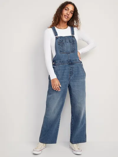 Baggy Wide-Leg Non-Stretch Jean Overalls - Maria