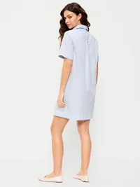 Button-Down Mini Shirt Dress - White & Blue Stripe — view 2