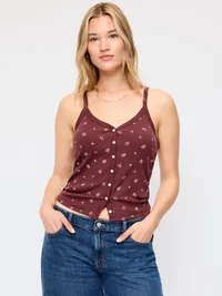Button-Front Cami Tank Top - Red Floral — view 5