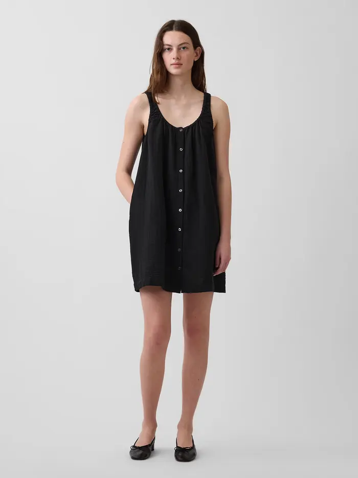 Button-Front Mini Dress - True black