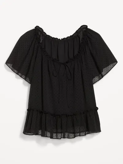 Chiffon Flutter-Sleeve Top - Black Dots