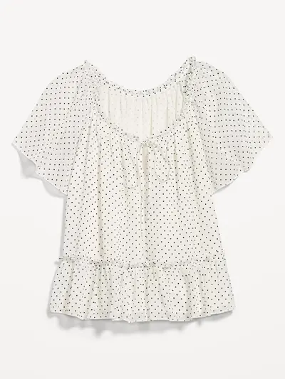 Chiffon Flutter-Sleeve Top - Black & White Dots