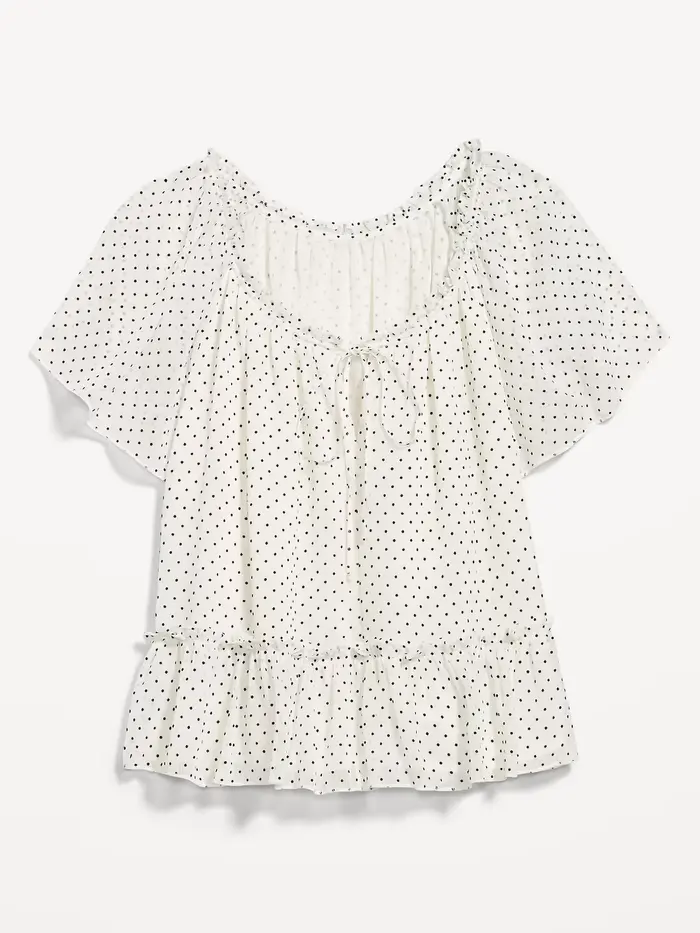 Chiffon Flutter-Sleeve Top - Black & White Dots