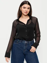 Chiffon Sheer Button-Down Shirt - Black Jack — view 5