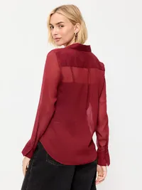 Chiffon Sheer Button-Down Shirt - Emberglow — view 2