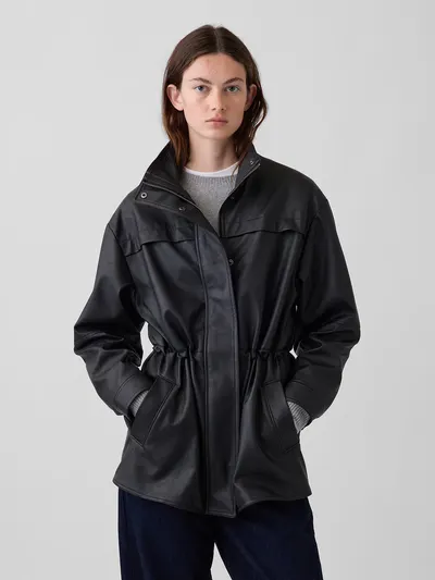 Cinched Vegan Leather Jacket - Black