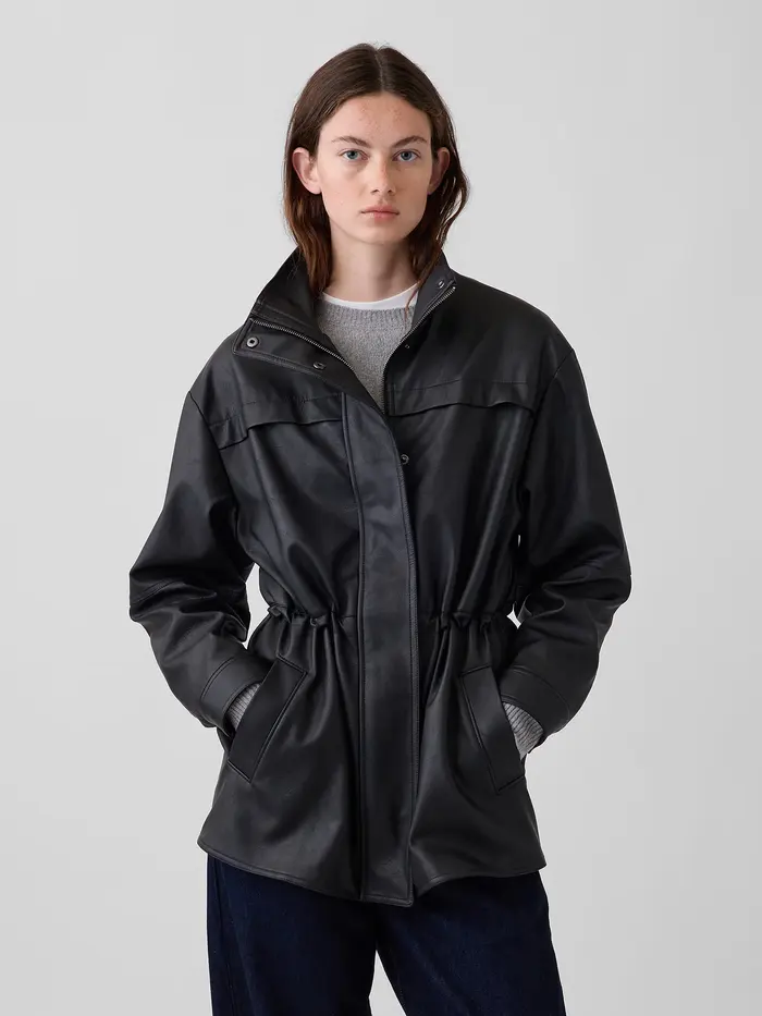 Cinched Vegan Leather Jacket - Black