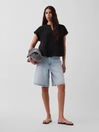 Cotton Gauze Oversized Split-Neck Top - Black — view 2