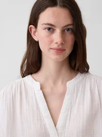 Cotton Gauze Oversized Split-Neck Top - Fresh white — view 4