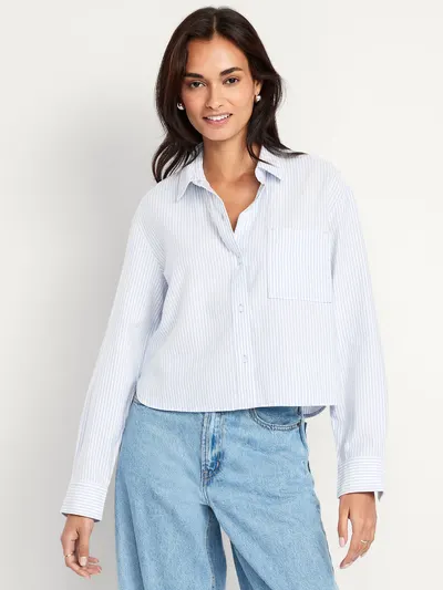 Cropped Button-Down Oxford Shirt - Blue Stripe