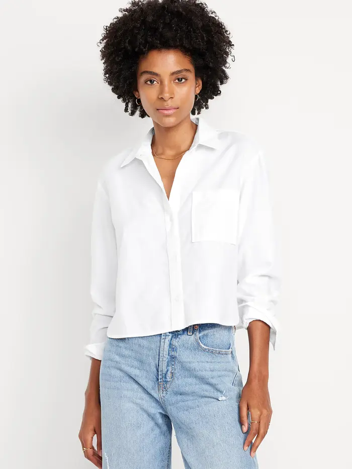 Cropped Button-Down Oxford Shirt - White