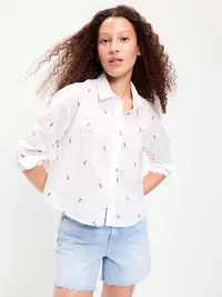 Cropped Button-Down Shirt - Yellow Flower — view 3