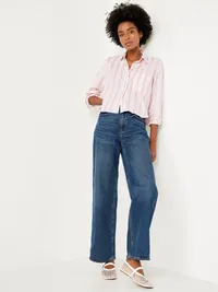 Cropped Button-Down Striped Shirt - Pink Stripe — view 3
