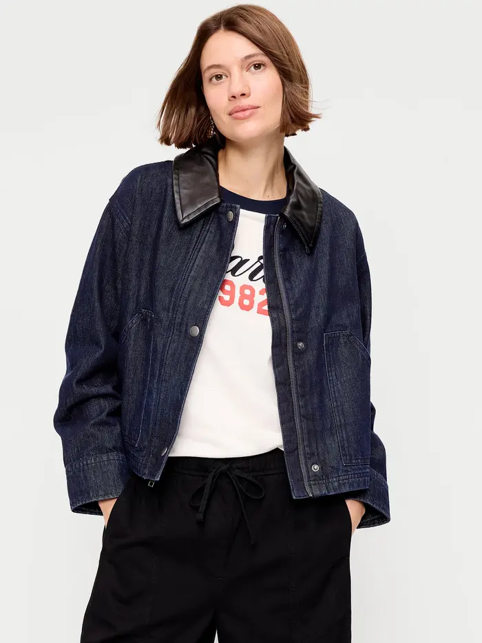 Cropped Denim Barn Jacket - Dark Rinse