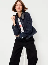 Cropped Denim Barn Jacket - Dark Rinse — view 3