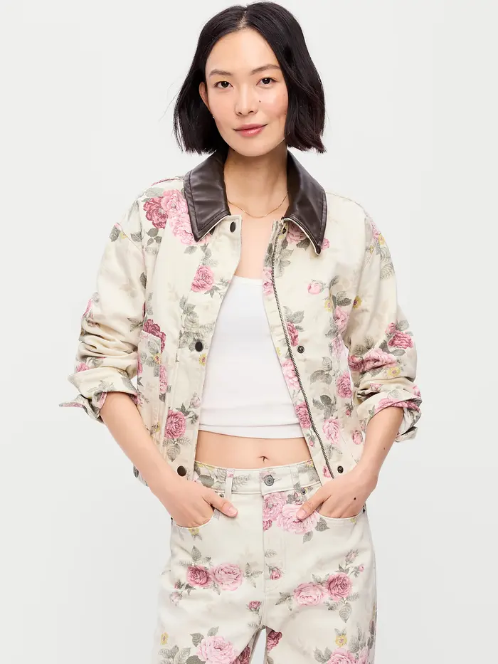 Cropped Denim Barn Jacket - Floral Pattern