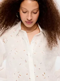 Cropped Eyelet Button-Down Shirt - White Eyelet — view 4