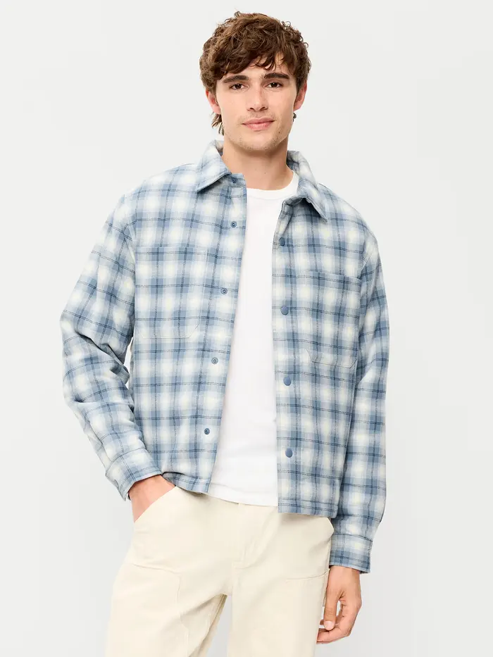 Cropped Insulated Flannel Shacket - Blue Plaid
