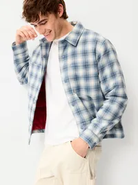 Cropped Insulated Flannel Shacket - Blue Plaid — view 4