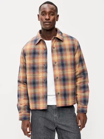 Cropped Insulated Flannel Shacket - Brown Plaid