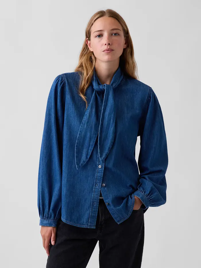 Denim Tie-Neck Shirt - Medium wash