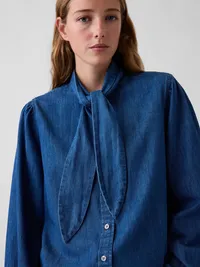 Denim Tie-Neck Shirt - Medium wash — view 4