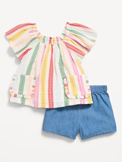 Double-Weave Pocket Top and Shorts Set for Toddler Girls - Multi Stripe