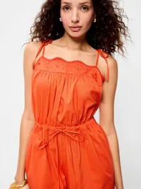 Eyelet Tie-Strap Romper - Moonfish Orange — view 3