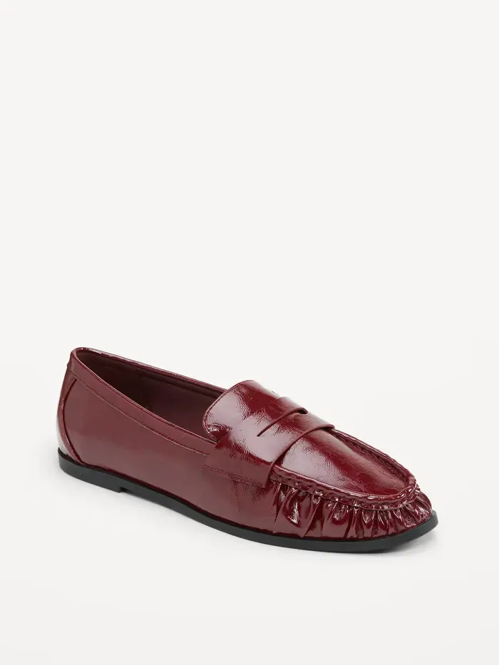 Faux-Leather Ruched Loafers - Red Lacquer