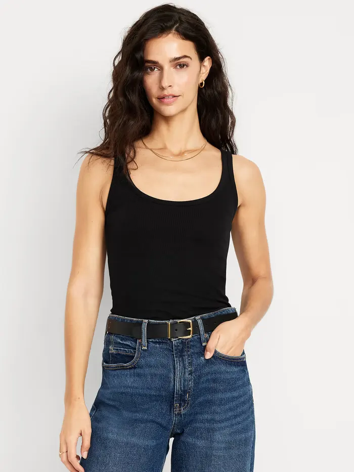 First-Layer Ribbed Scoop-Neck Tank Top - Black Jack