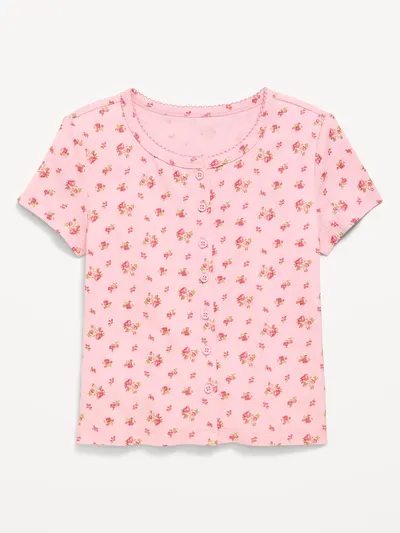 Fitted Short-Sleeve Ribbed Button-Front Top for Girls - Pink Ditsy Floral