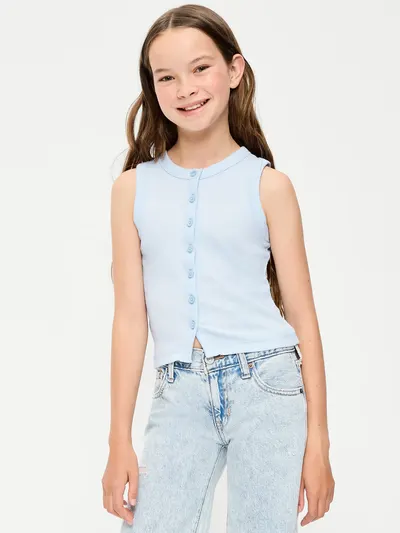 Fitted Sleeveless Ribbed Button-Front Top for Girls - Contrail