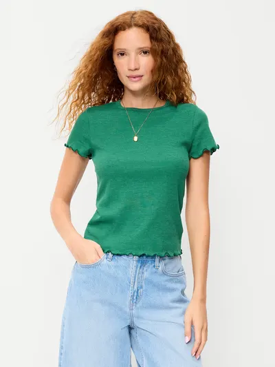 Fitted Waffle-Knit Cropped T-Shirt - Java Fern