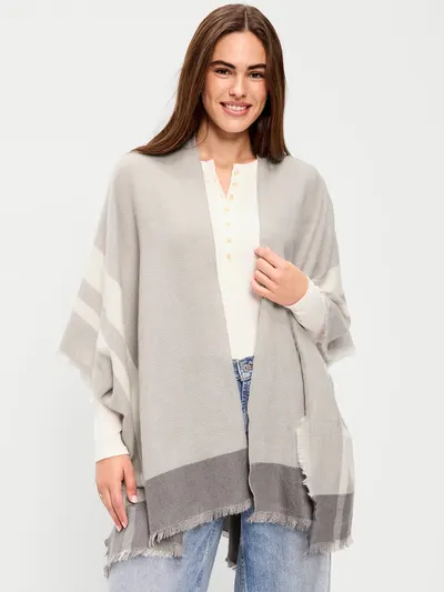 Flannel Fringe Poncho - Gray Herringbone