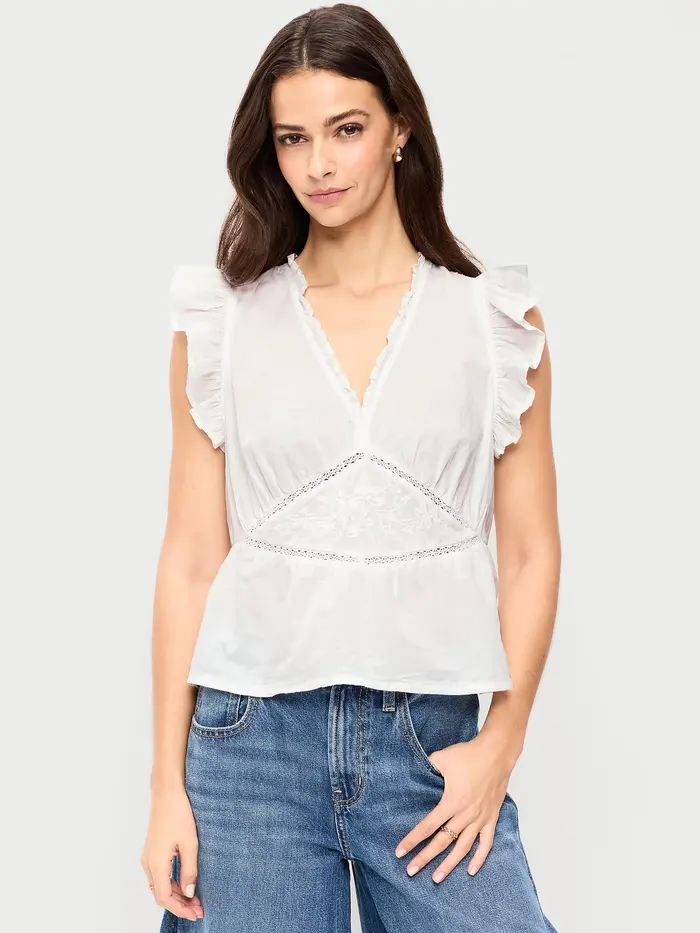 Flutter-Sleeve Embroidered Top - White Lilies