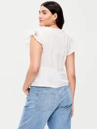 Flutter-Sleeve Embroidered Top - White Lilies — view 5