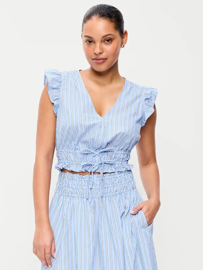 Flutter-Sleeve Poplin Top - White & Blue Stripe