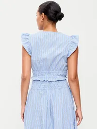Flutter-Sleeve Poplin Top - White & Blue Stripe — view 2