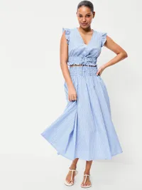Flutter-Sleeve Poplin Top - White & Blue Stripe — view 3