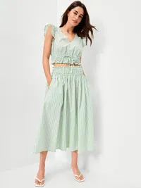 Flutter-Sleeve Poplin Top - White/Green Stripe — view 3