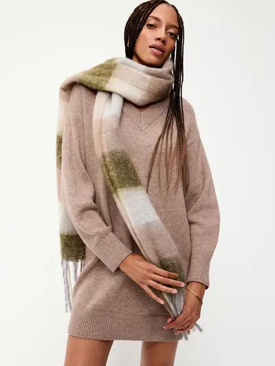 Fringed Scarf - Neutral Plaid