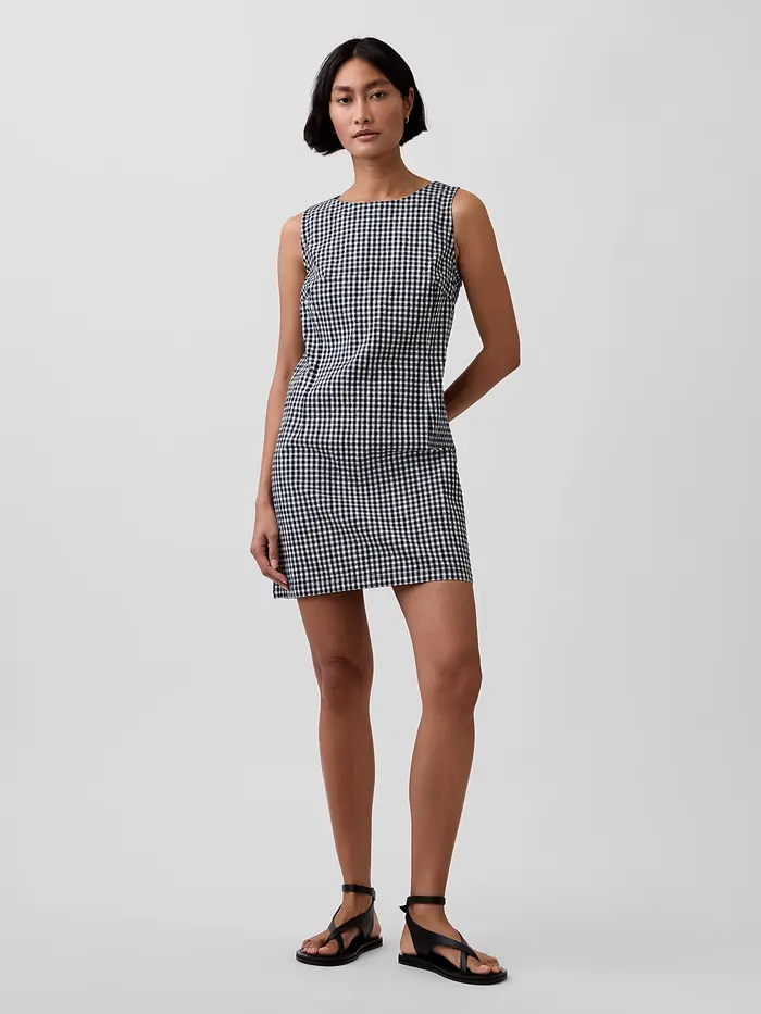 Gingham Denim Shift Mini Dress - Navy blue gingham