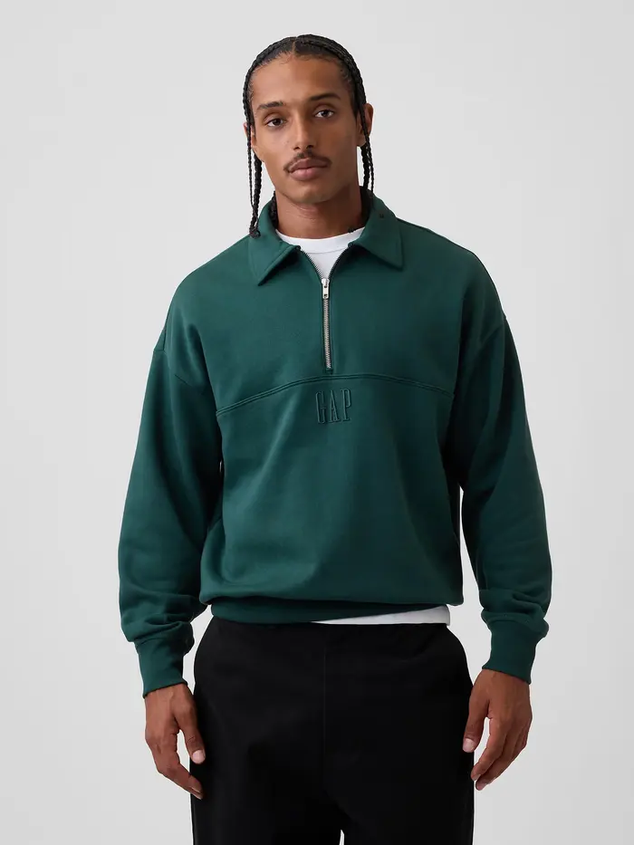 Heavyweight Oversized Logo Half-Zip Pullover - Deep hunter green