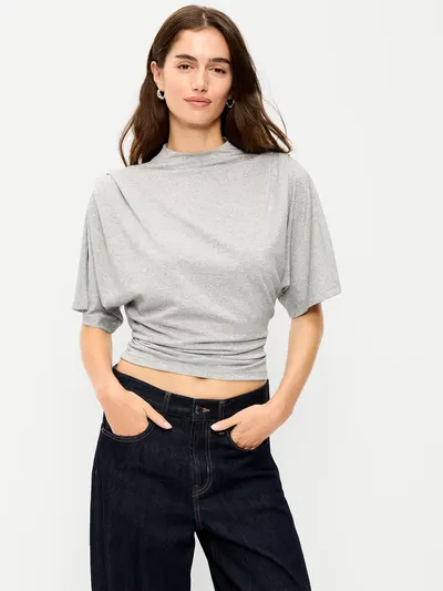 High-Neck Flutter-Sleeve Top - Silver Gray